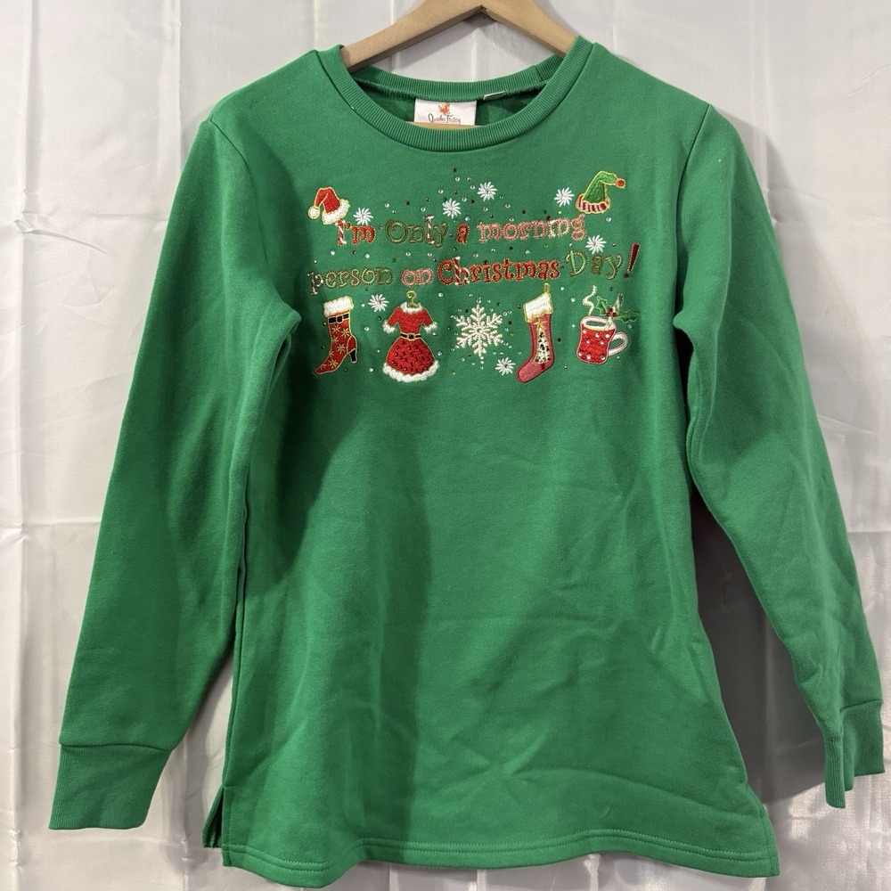 Quacker Factory Only A Morning Person Christmas Day‎ Sweatshirt XS Green New
